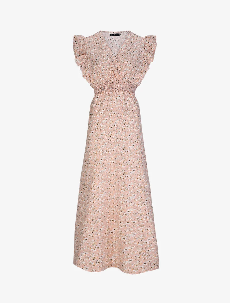 Robe longue empire à épaules volantées imprimé fleurs de cerisier - Rose