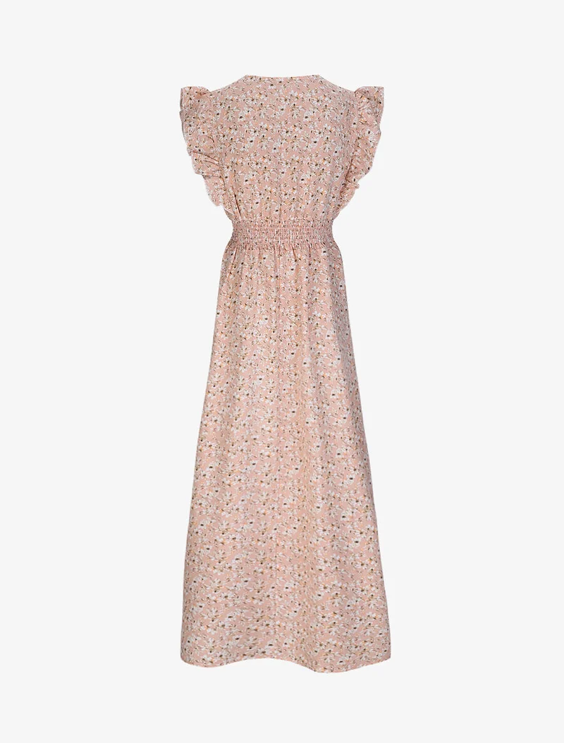 Robe longue empire à épaules volantées imprimé fleurs de cerisier - Rose