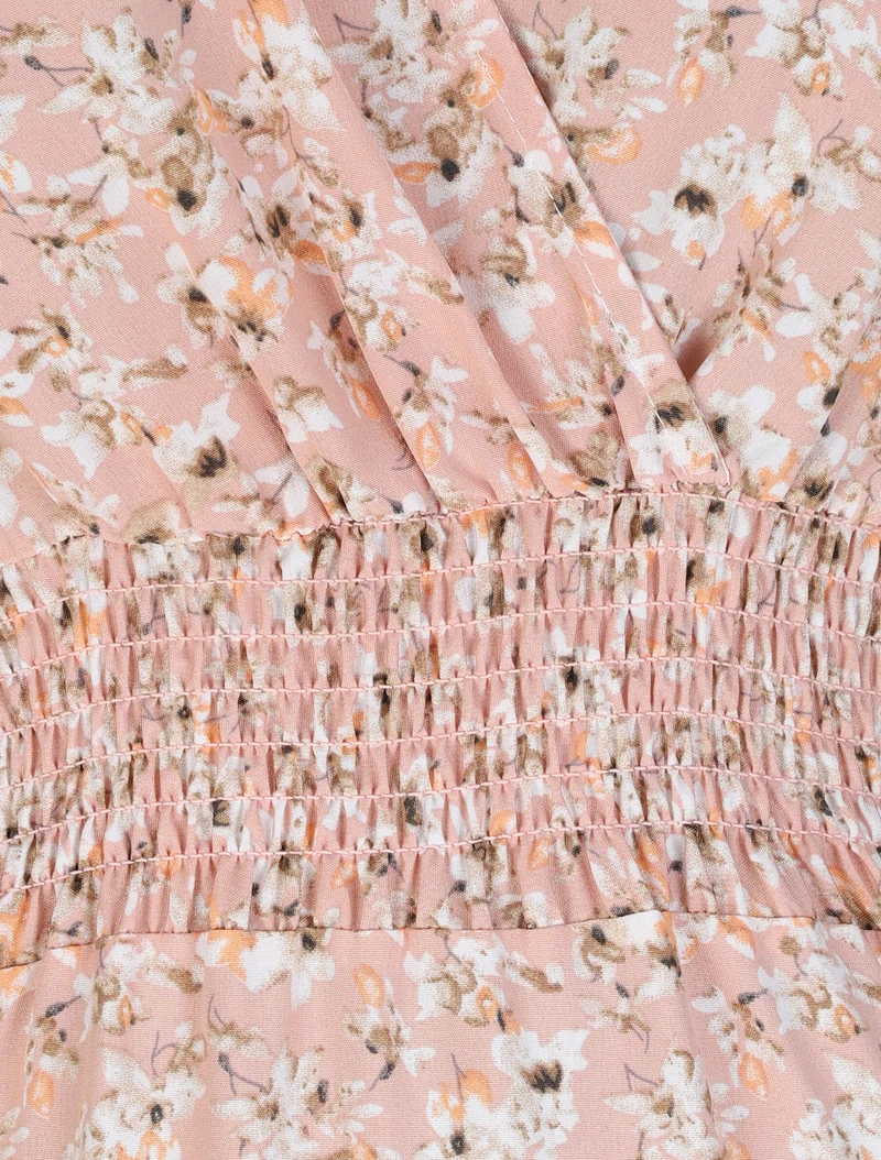 Robe longue empire à épaules volantées imprimé fleurs de cerisier - Rose