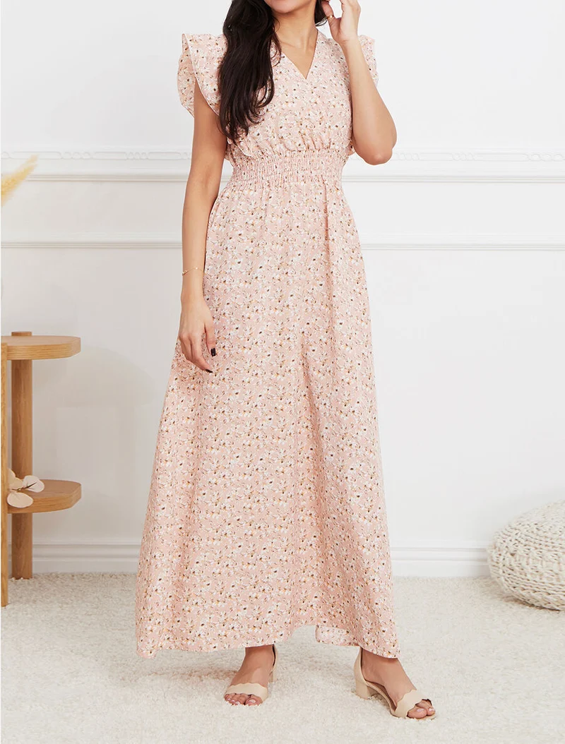 Robe longue empire à épaules volantées imprimé fleurs de cerisier - Rose
