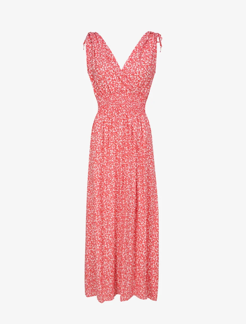 Robe longue cintrée imprimé petites fleurs - Rouge