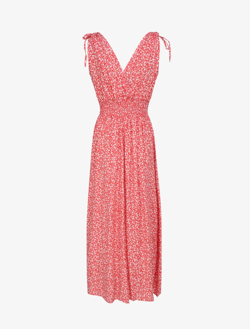 Robe longue cintrée imprimé petites fleurs - Rouge