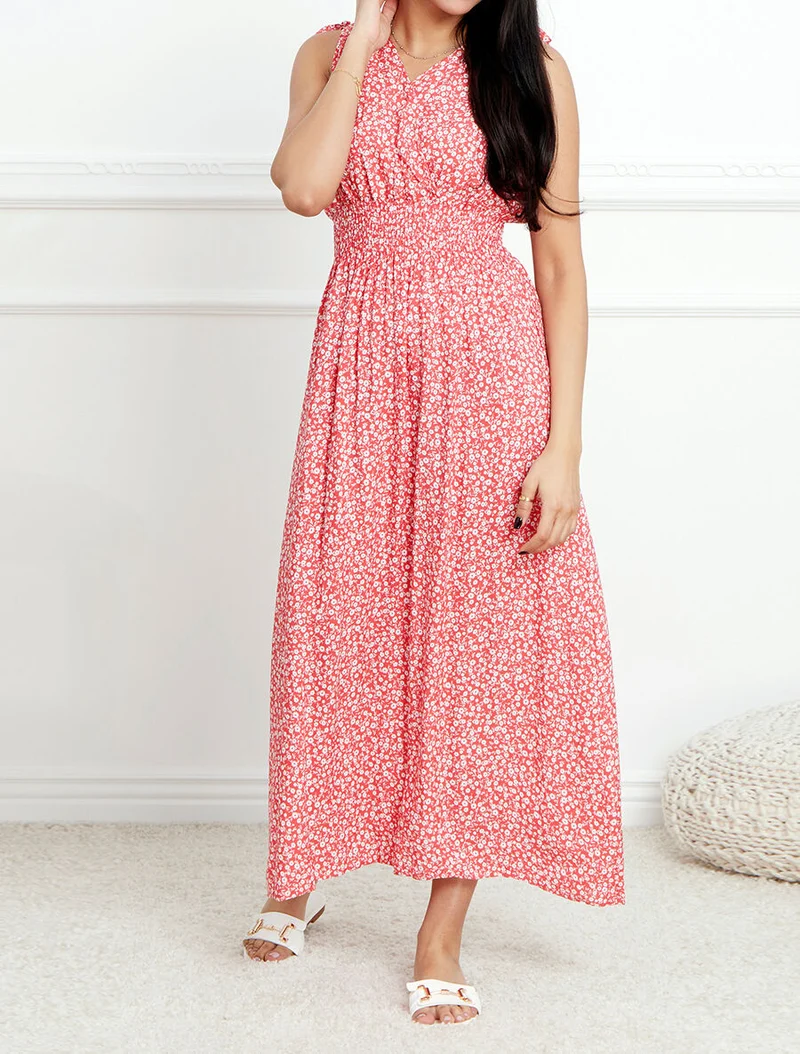 Robe longue cintrée imprimé petites fleurs - Rouge