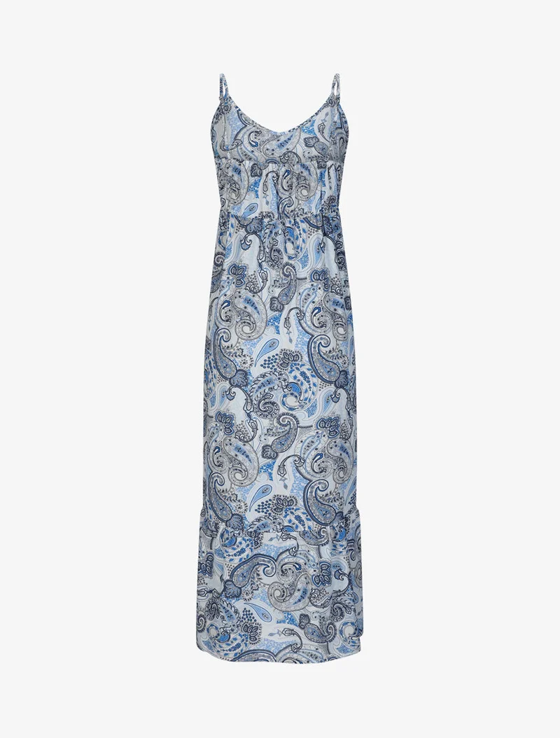Robe longue empire imprimé cachemire à bretelles - Bleu