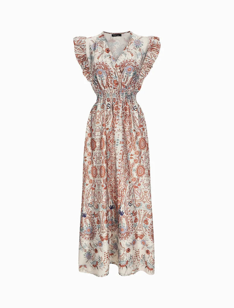 Robe longue empire satinée imprimé cachemire stylisé - Beige