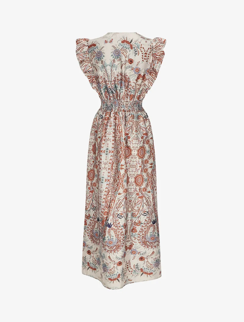 Robe longue empire satinée imprimé cachemire stylisé - Beige