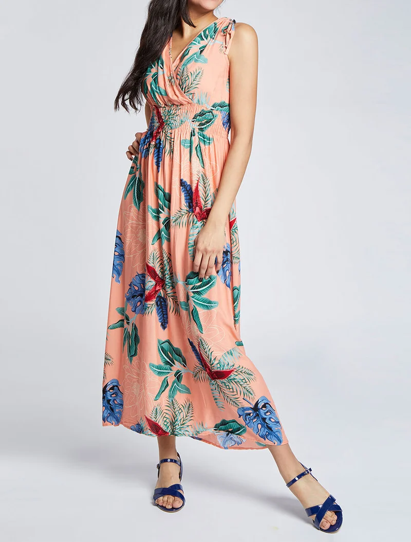 Robe longue cintrée imprimé grandes fleurs tropicales - Rose saumon