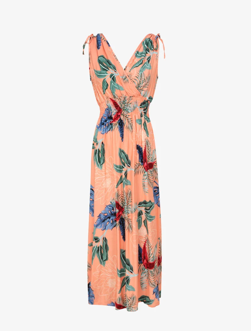 Robe longue cintrée imprimé grandes fleurs tropicales - Rose saumon