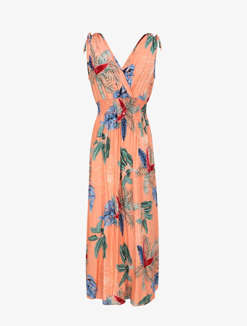 Robe longue cintrée imprimé grandes fleurs tropicales - Rose saumon