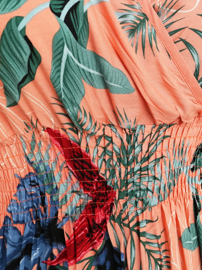 Robe longue cintrée imprimé grandes fleurs tropicales - Rose saumon