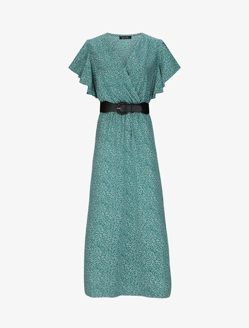 Robe longue empire imprimé fleurs à manches volantées - Vert