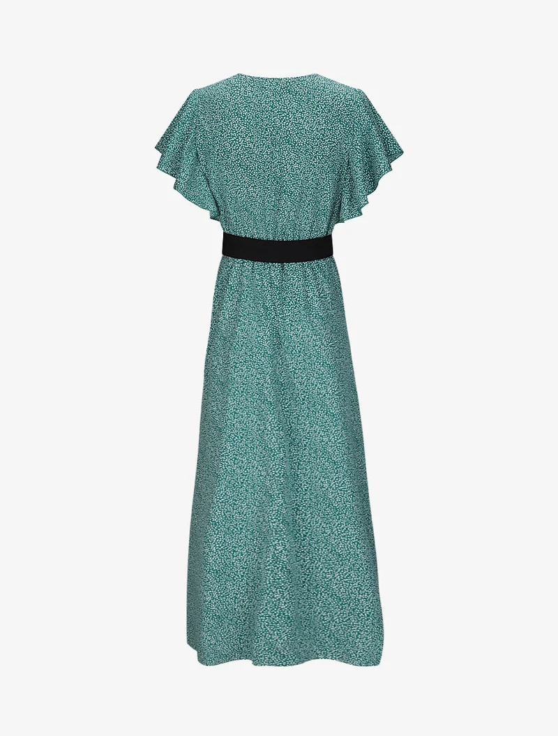 Robe longue empire imprimé fleurs à manches volantées - Vert