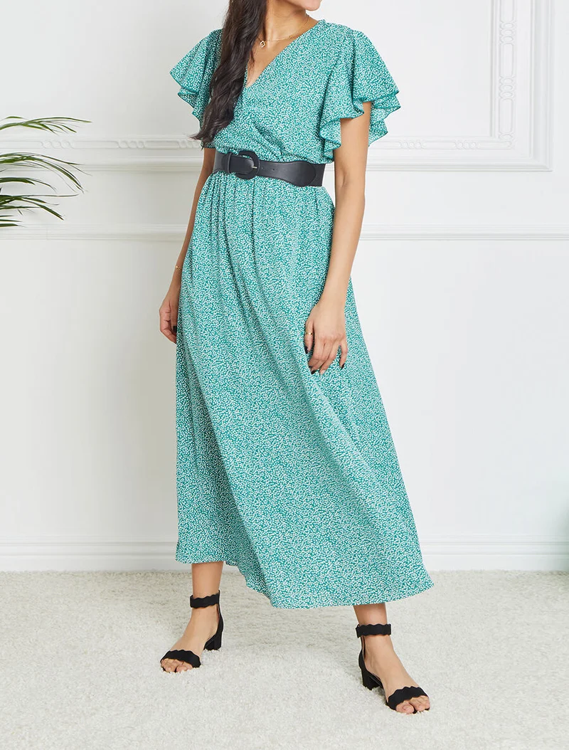 Robe longue empire imprimé fleurs à manches volantées - Vert