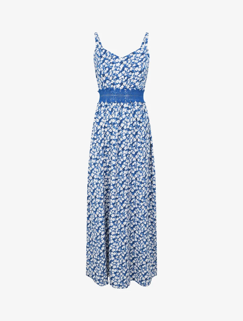 Robe longue imprimée petites fleurs à boutons décoratifs - Bleu
