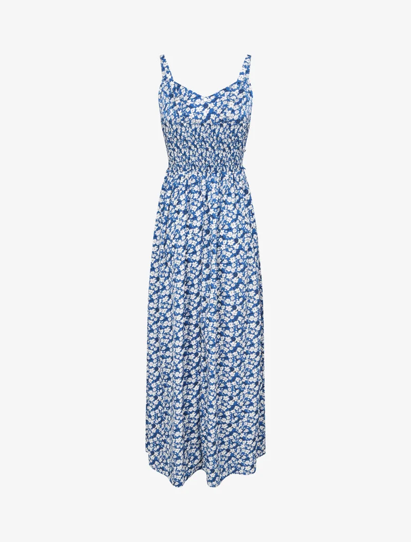 Robe longue imprimée petites fleurs à boutons décoratifs - Bleu