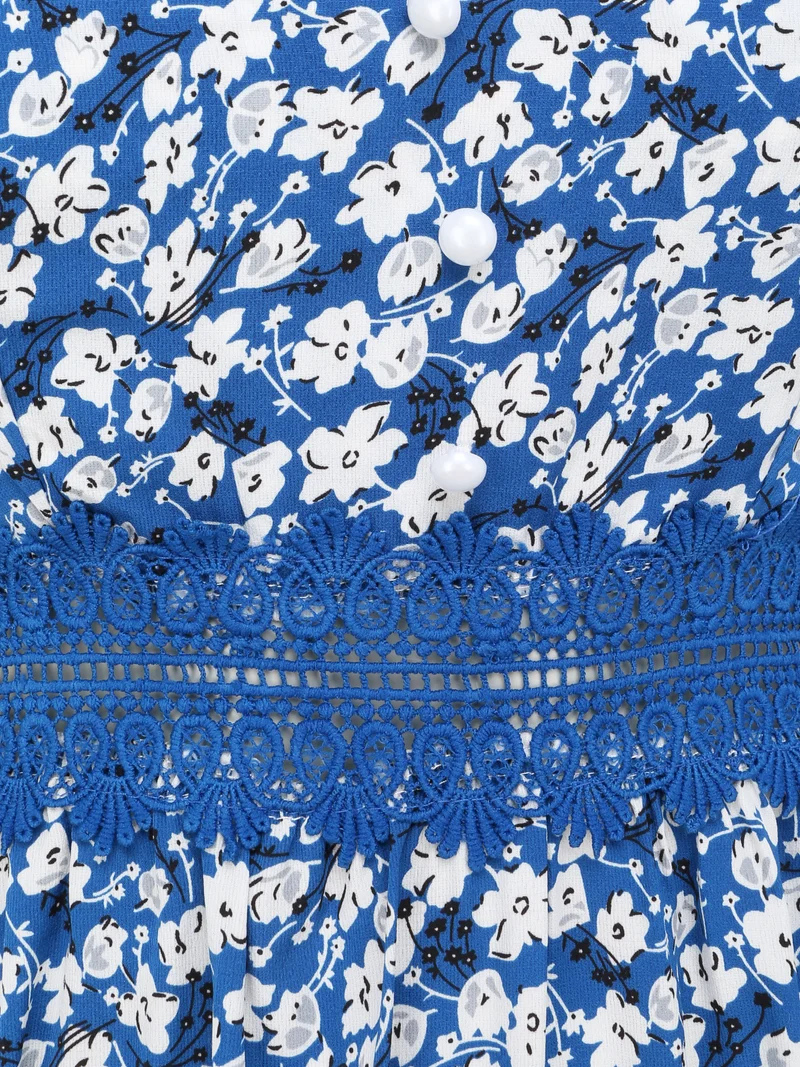 Robe longue imprimée petites fleurs à boutons décoratifs - Bleu