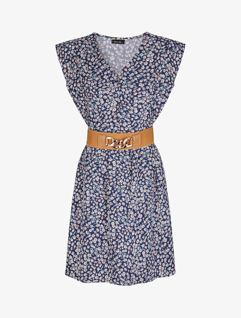 Robe à col V boutonné - Marine