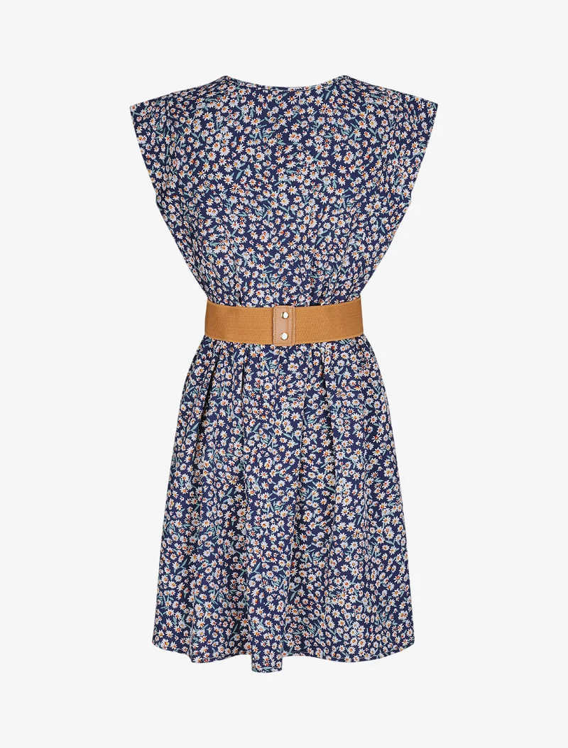 Robe à col V boutonné - Marine