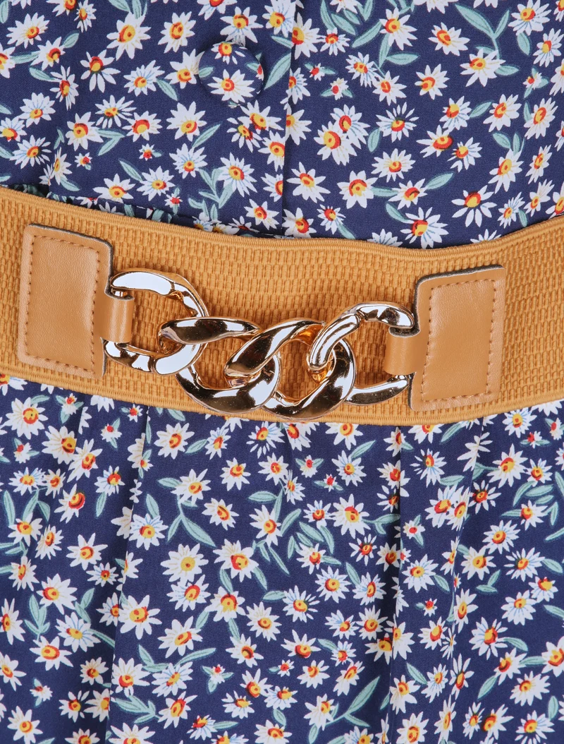Robe à col V boutonné - Marine