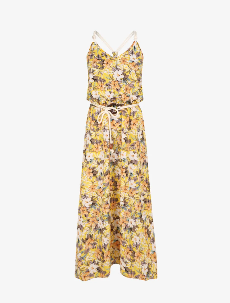 Robe longue imprimé floral à bretelles en cordelettes - Jaune