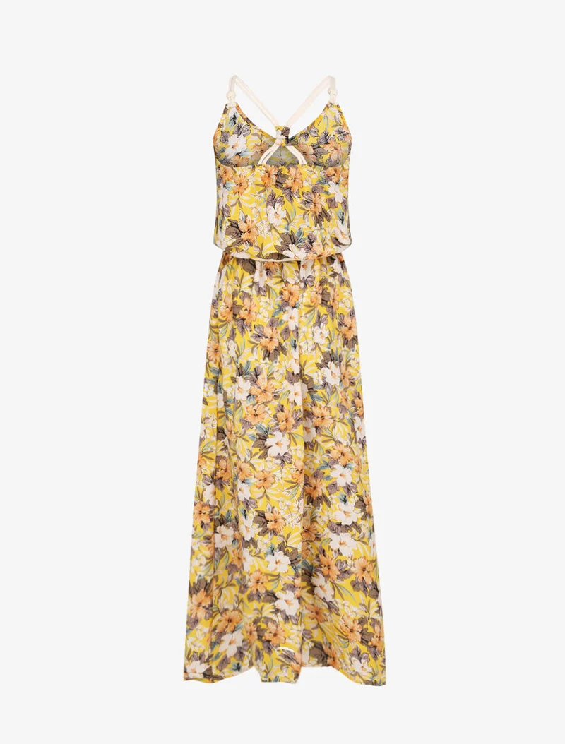 Robe longue imprimé floral à bretelles en cordelettes - Jaune