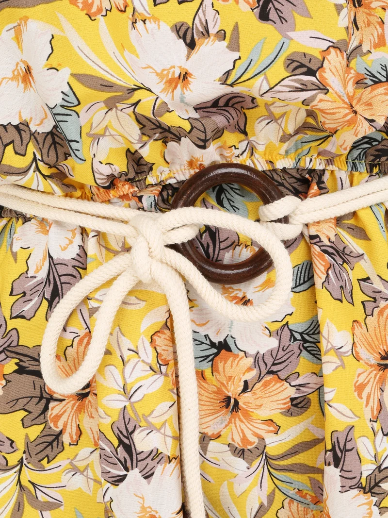 Robe longue imprimé floral à bretelles en cordelettes - Jaune
