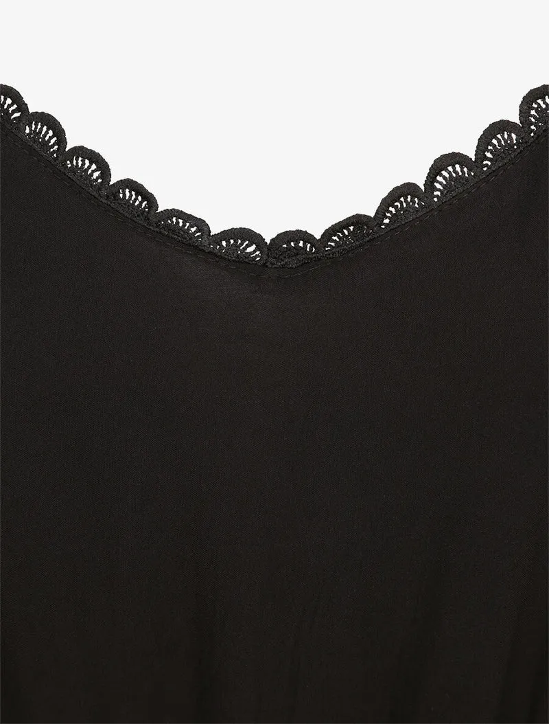 Combinaison fluide à col en dentelle - Noir