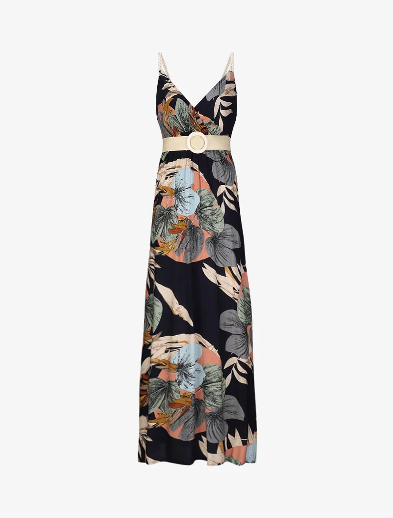 Robe longue empire imprimé végétal à bretelles tressées - Marine