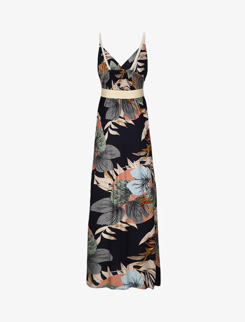 Robe longue empire imprimé végétal à bretelles tressées - Marine