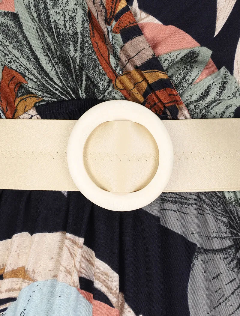 Robe longue empire imprimé végétal à bretelles tressées - Marine