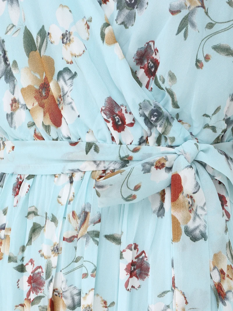Robe longue cintrée imprimé fleurs - Turquoise