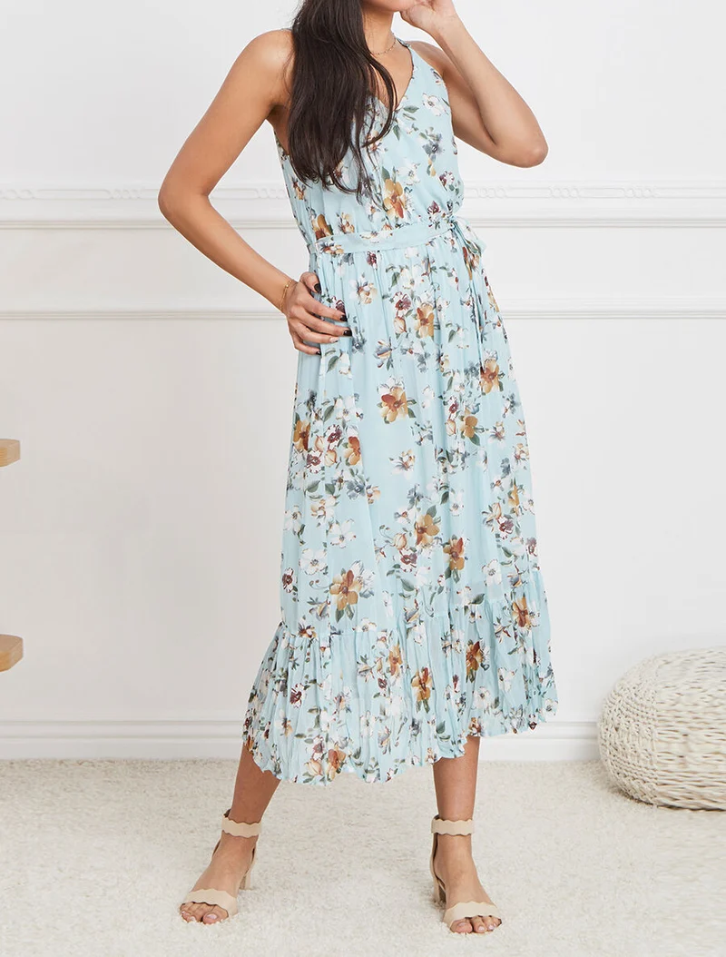 Robe longue cintrée imprimé fleurs - Turquoise