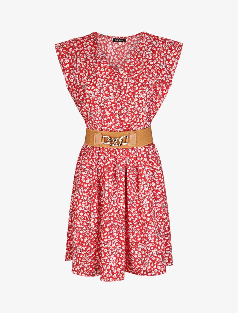 Robe à col V boutonné - Rouge