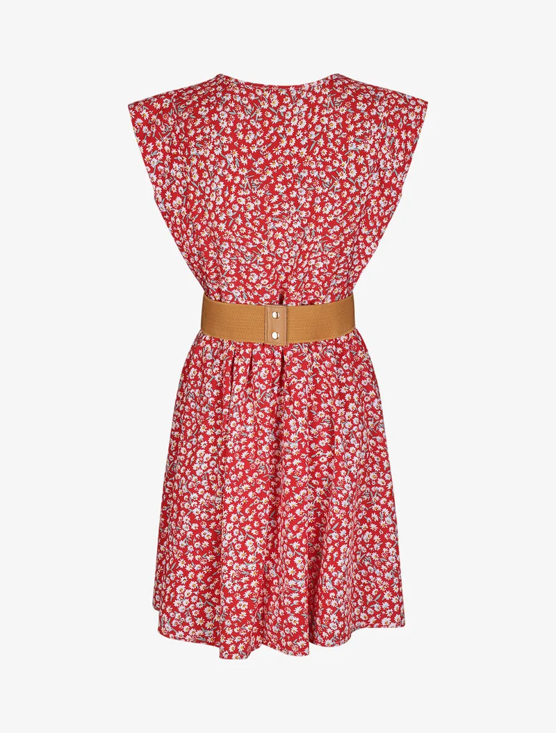 Robe à col V boutonné - Rouge