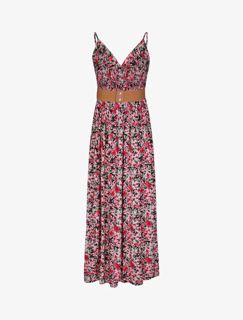Robe longue empire à bretelles et imprimé fleurs abstraites - Noir
