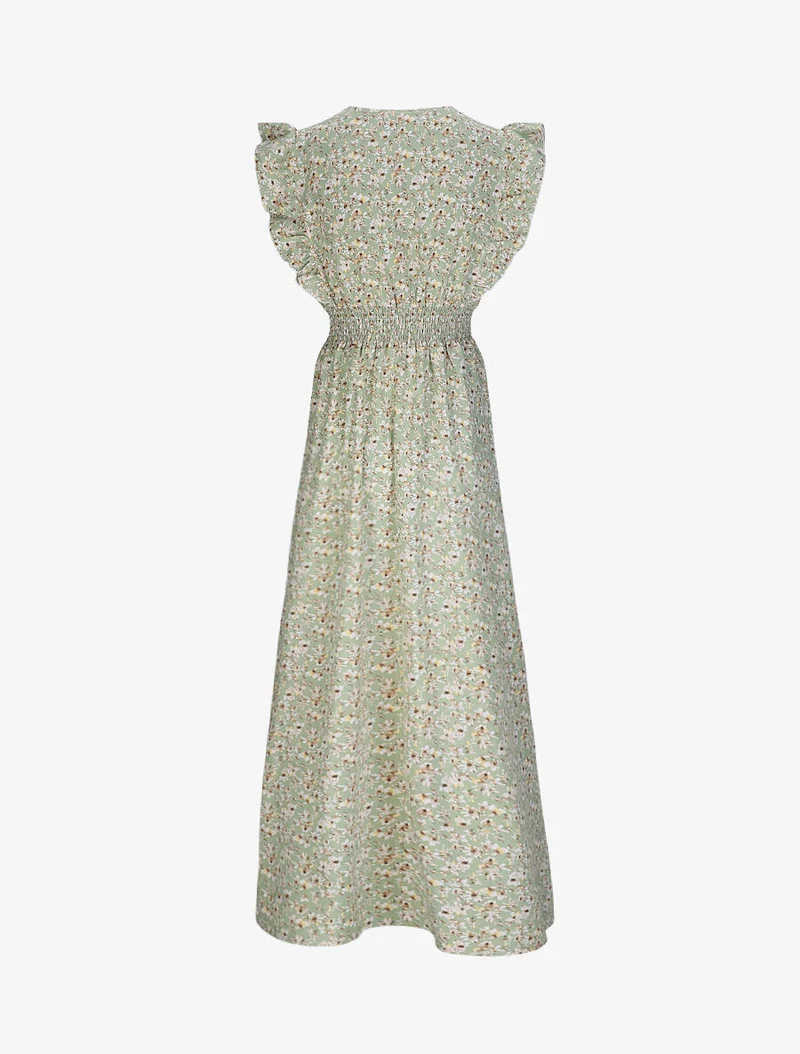 Robe longue empire à épaules volantées imprimé fleurs de cerisier - Vert
