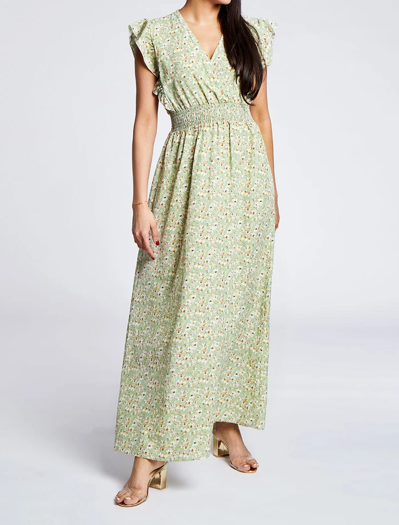 Robe longue empire à épaules volantées imprimé fleurs de cerisier - Vert