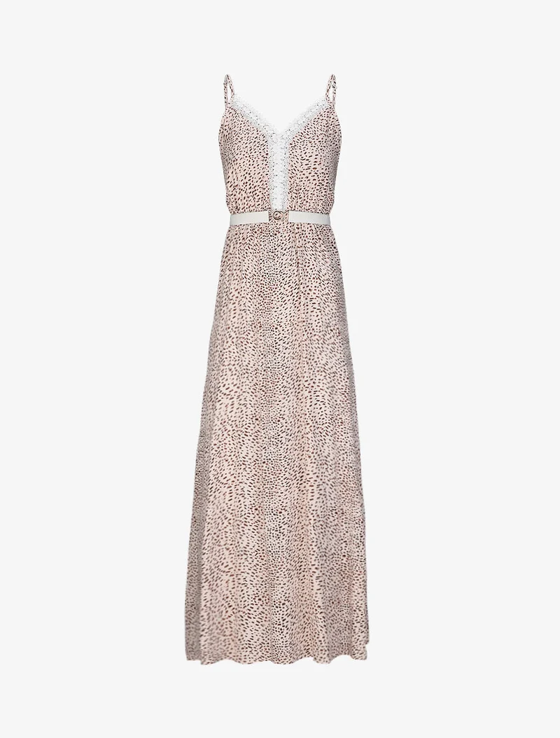 Robe longue patineuse à col dentelle et imprimé moucheté - Beige