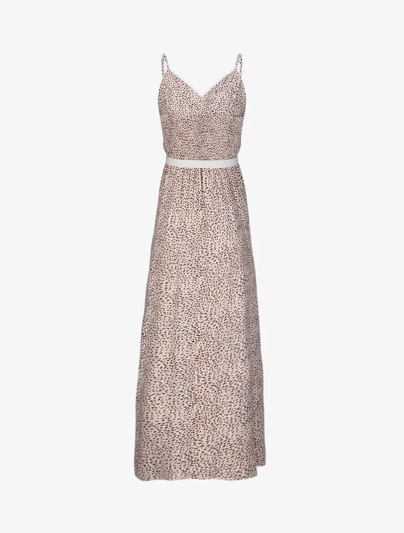 Robe longue patineuse à col dentelle et imprimé moucheté - Beige