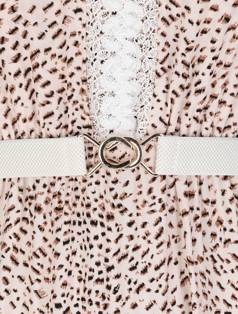 Robe longue patineuse à col dentelle et imprimé moucheté - Beige