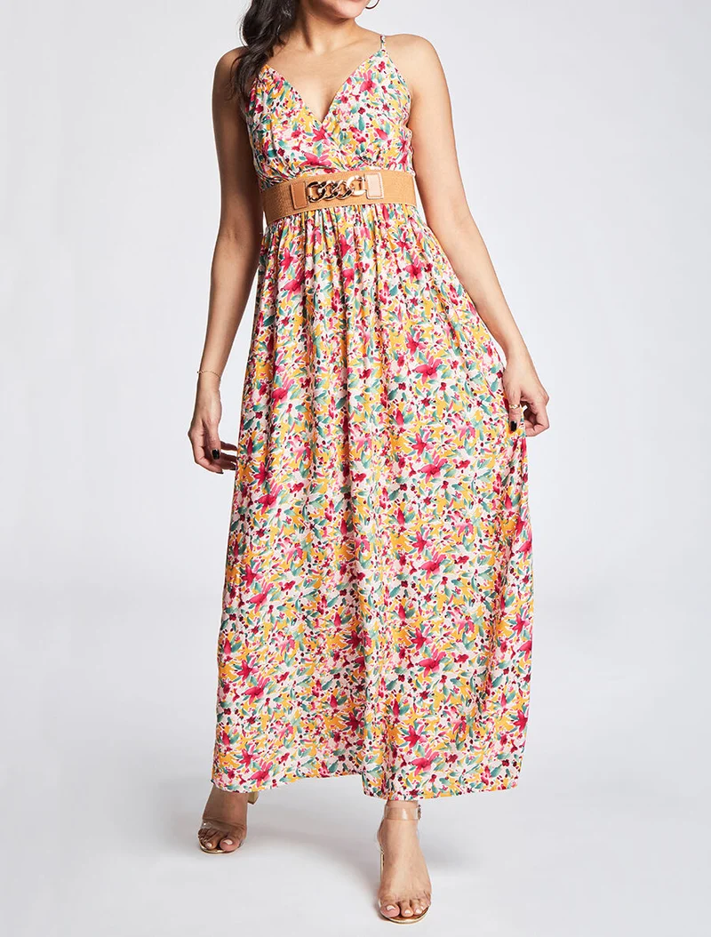 Robe longue empire à bretelles et imprimé fleurs abstraites - Orange
