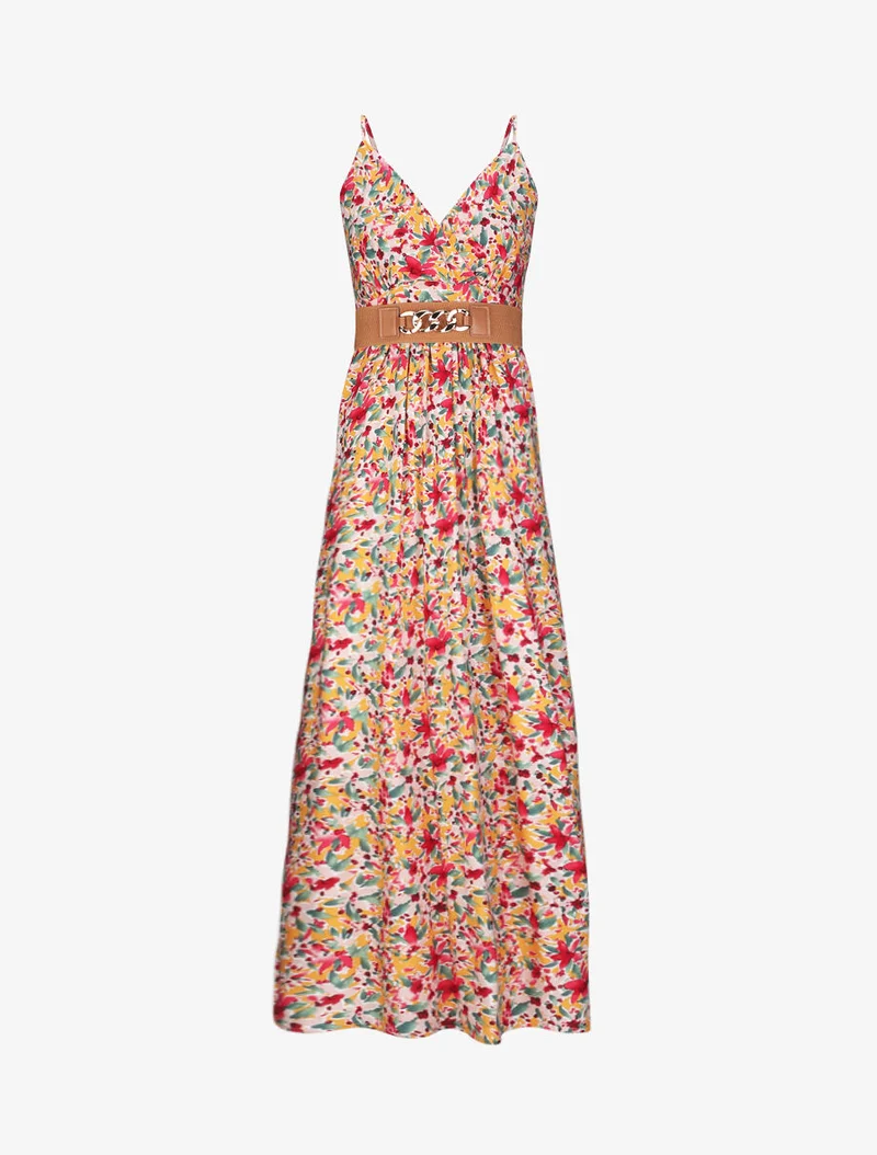 Robe longue empire à bretelles et imprimé fleurs abstraites - Orange