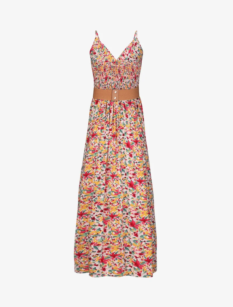 Robe longue empire à bretelles et imprimé fleurs abstraites - Orange