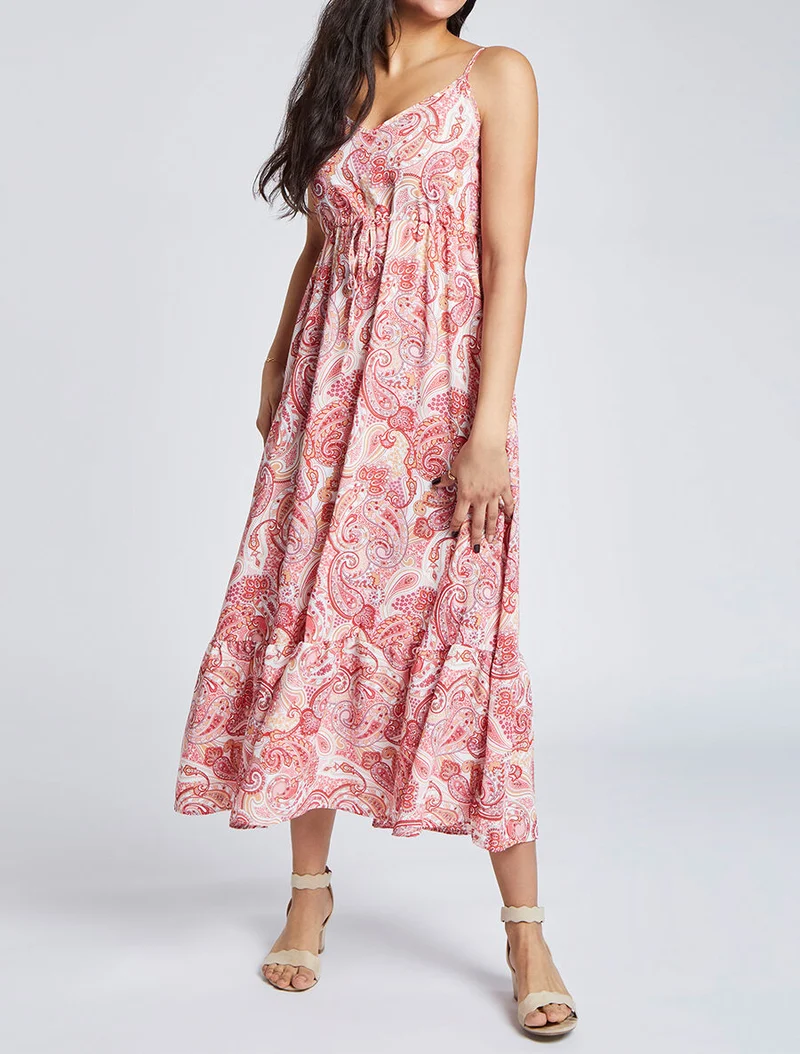 Robe longue empire imprimé cachemire à bretelles - Rose