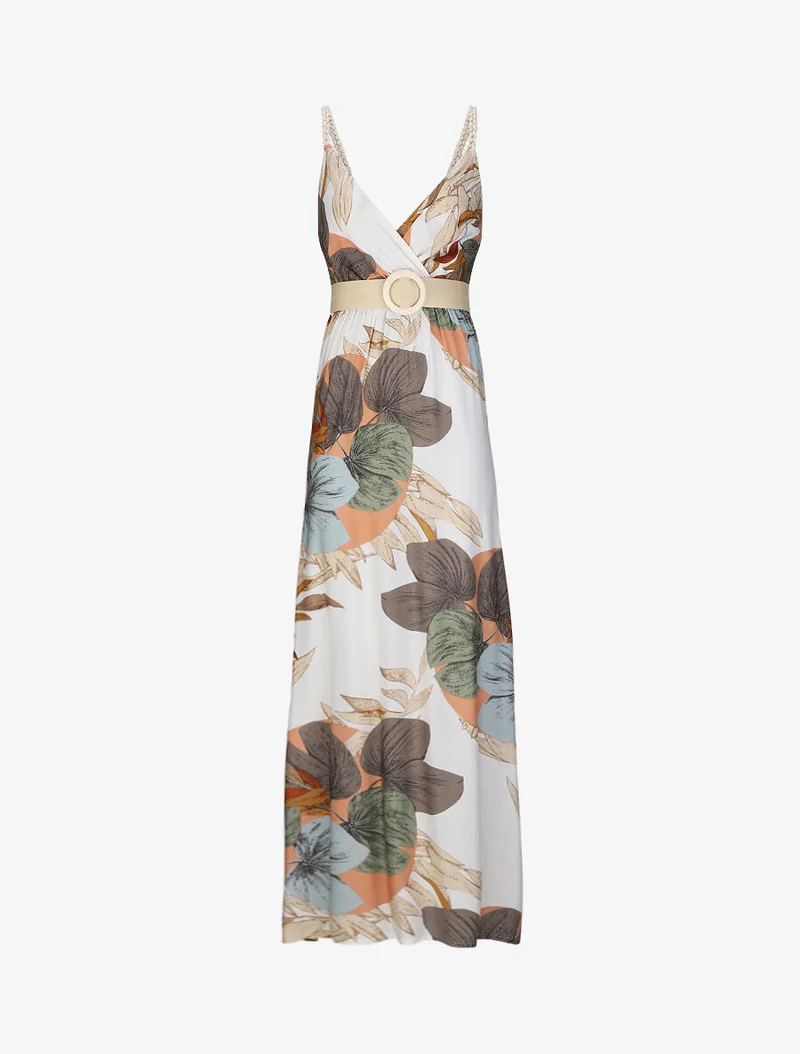 Robe longue empire imprimé végétal à bretelles tressées - Écru
