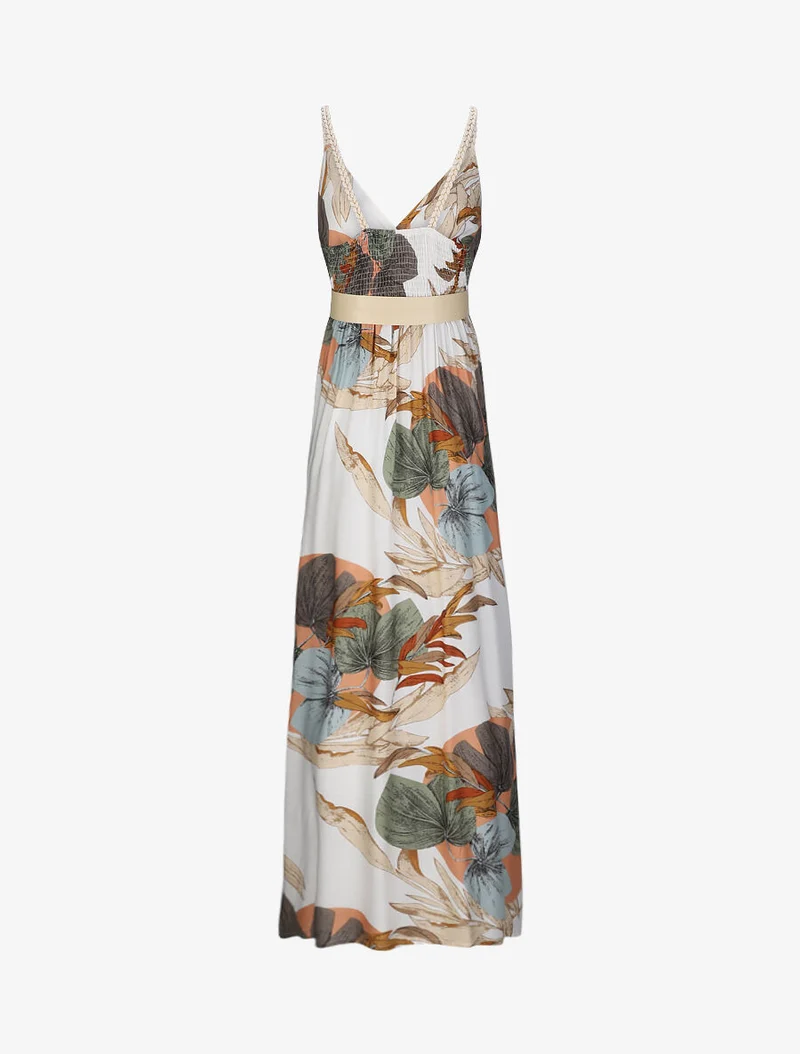 Robe longue empire imprimé végétal à bretelles tressées - Écru