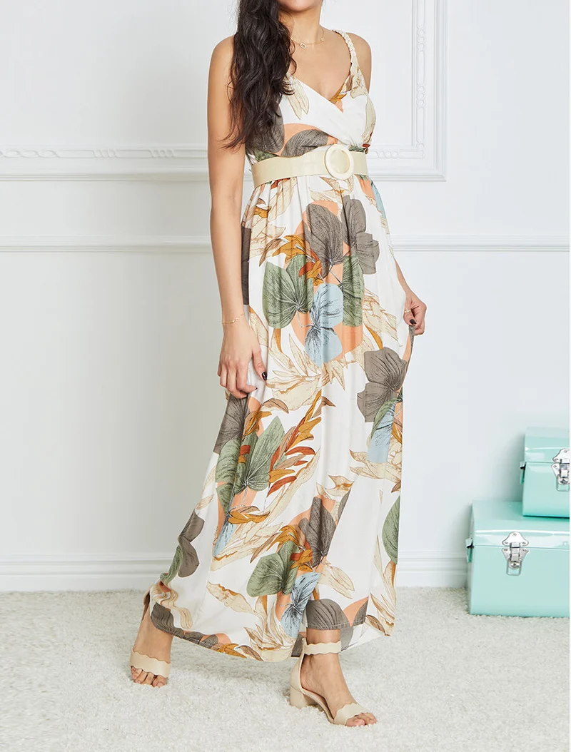 Robe longue empire imprimé végétal à bretelles tressées - Écru
