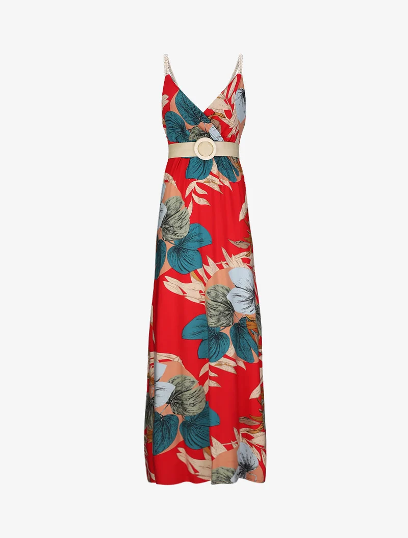 Robe longue empire imprimé végétal à bretelles tressées - Rouge