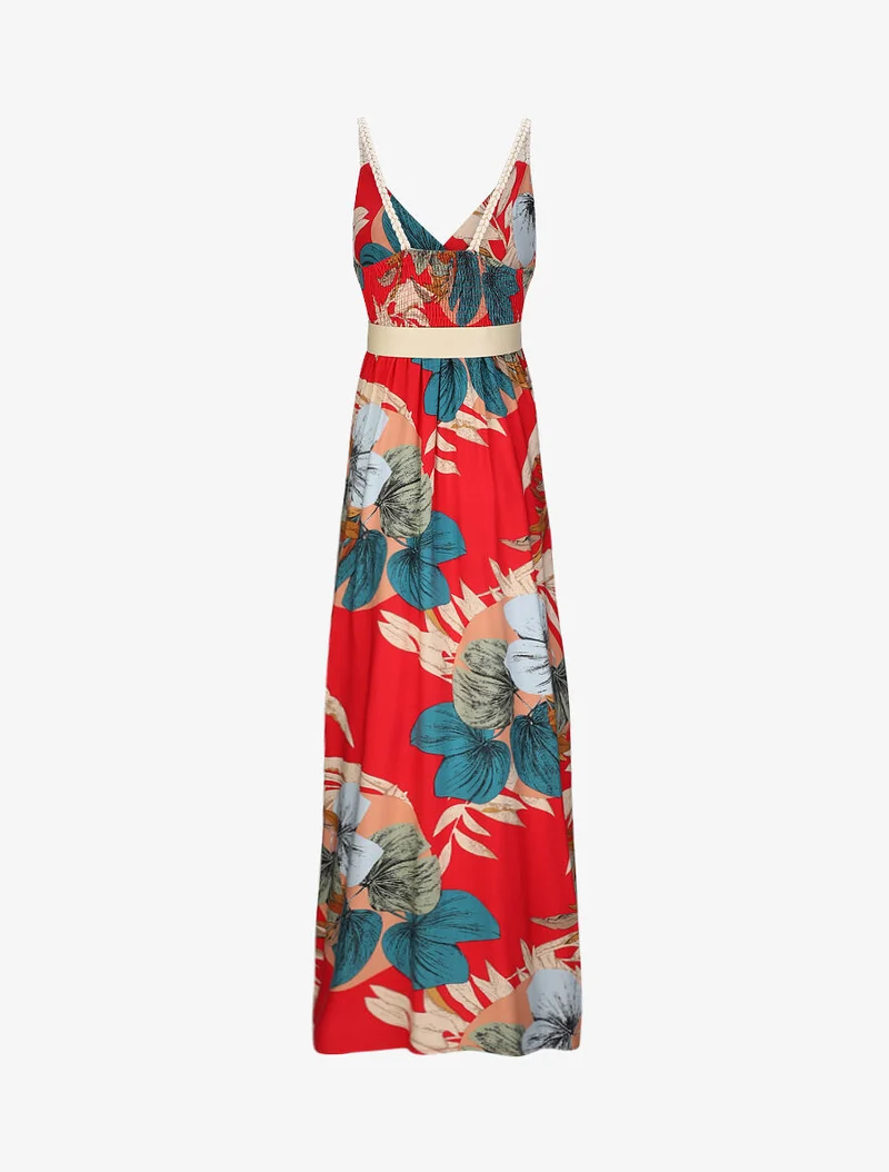 Robe longue empire imprimé végétal à bretelles tressées - Rouge