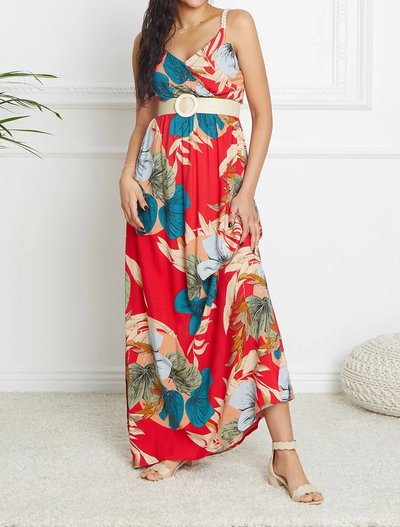 Robe longue empire imprimé végétal à bretelles tressées - Rouge